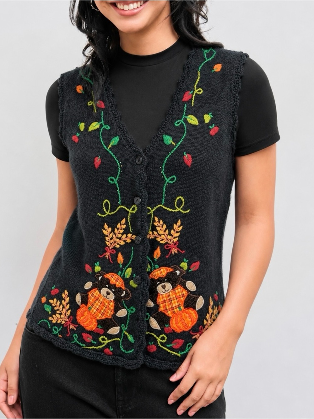 Vintage Bobbie Brooks Teddy Bear Autumn Halloween Sweater Vest Size 22/24W